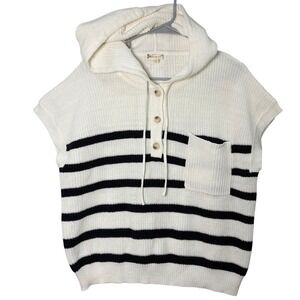 Hem & Thread Sweater Hoodie Women Large White Navy Striped Cap Sleeve Henley